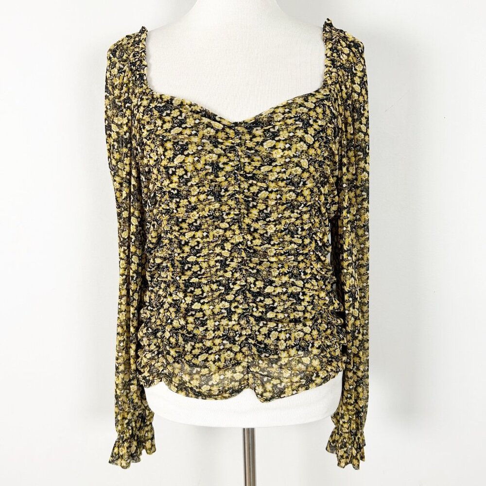 Jane + Delancey Mesh Nylon Ruched Top Ditsy Floral Sheer Sleeve Size XL Women's